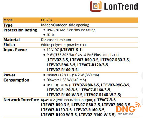 Thông số kĩ thuật của LTEV07