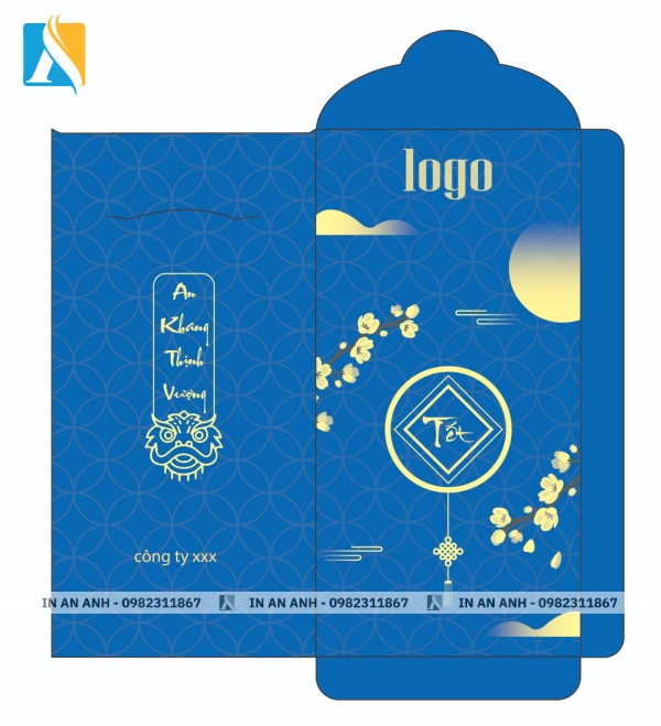 Mẫu bao lì xì tết có câu chúc “An Khang Thịnh Vượng” và logo doanh nghiệp