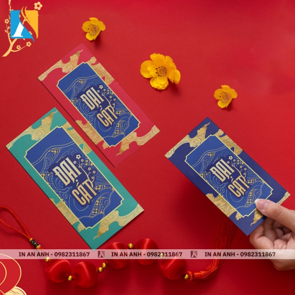 Mẫu bao lì xì in chữ “Đại Cát” với 3 màu sắc phù hợp với nhiều doanh nghiệp