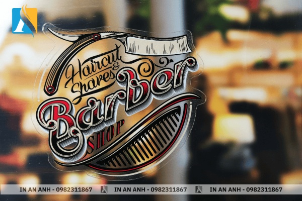 Decal trong suốt in logo tiệm cắt tóc Barber Shop
