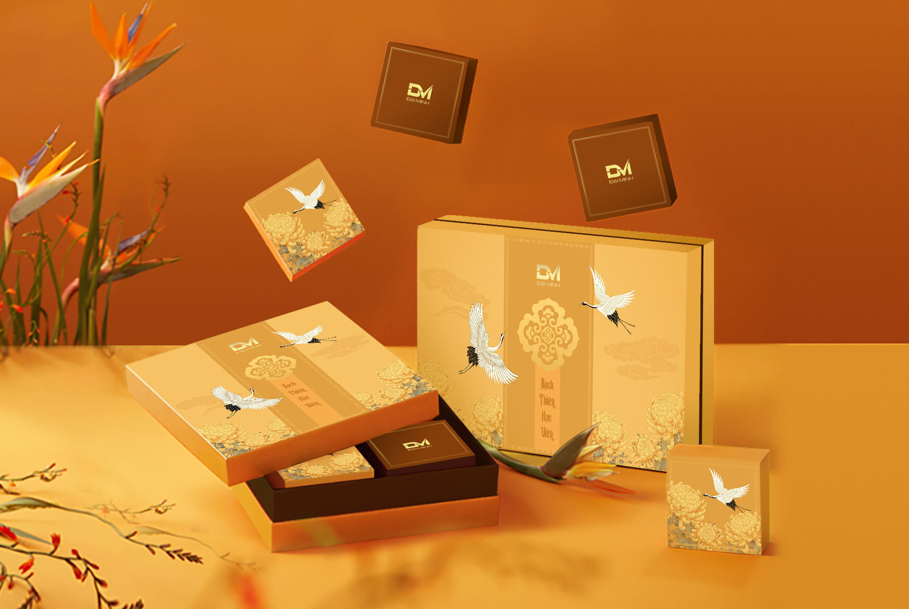 Mẫu bánh trung thu hộp giấy, chi tiết hạc sang trọng