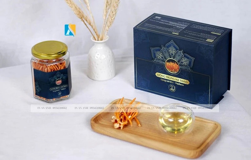 Đông trùng hạ thảo sấy khô trong hũ thủy tinh kèm hộp quà màu xanh hiện đại