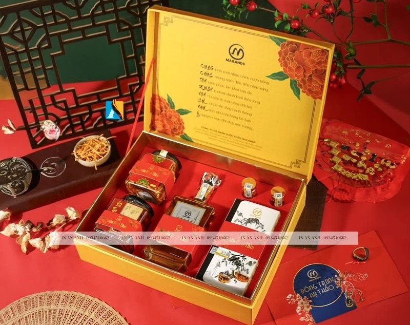 Set quà Tết đông trùng hạ thảo cao cấp với nhiều sản phẩm đóng gói đẹp mắt trong hộp