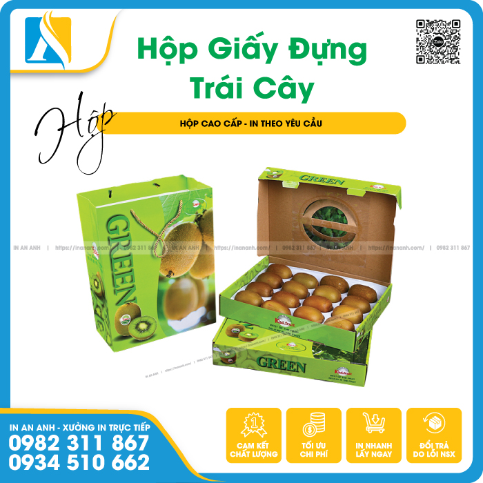 Hộp giấy đựng kiwi màu xanh, thiết kế có lỗ thoáng khí