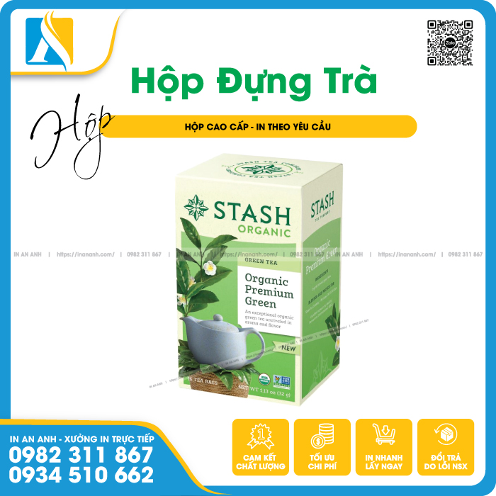 Mẫu hộp đựng trà màu xanh lá, hình ấm trà và lá trà nổi bật