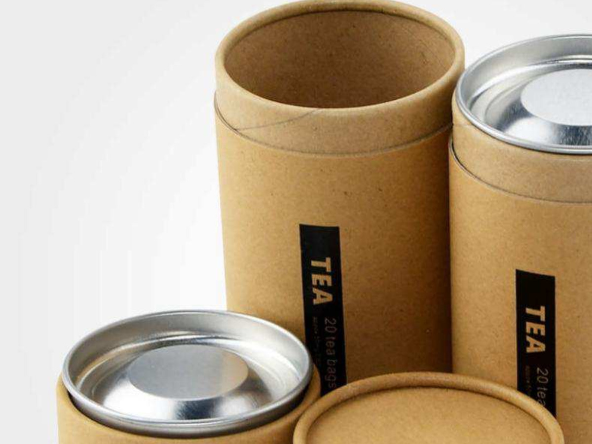 Hộp đựng trà tròn bằng giấy kraft nắp thiếc, thiết kế tối giản