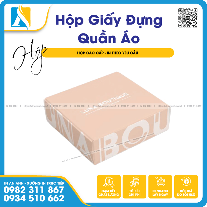 Mẫu hộp giấy đựng quần áo màu hồng nhạt, in logo thương hiệu