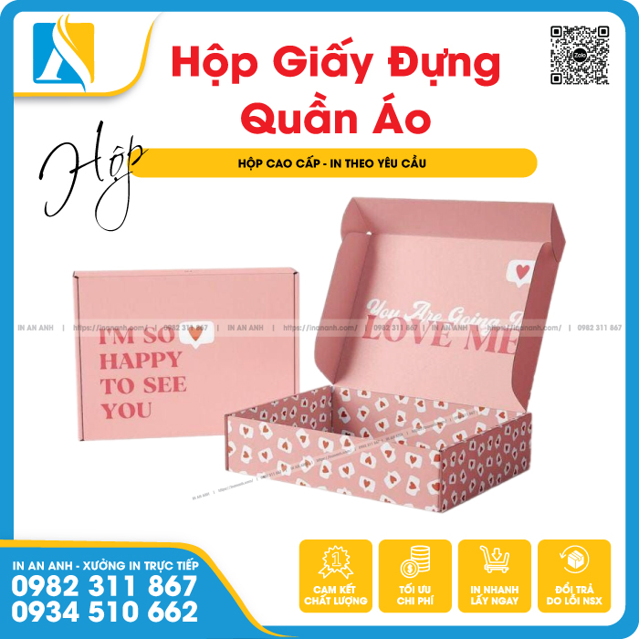 Mẫu hộp giấy đựng quần áo màu hồng in chữ nổi bật