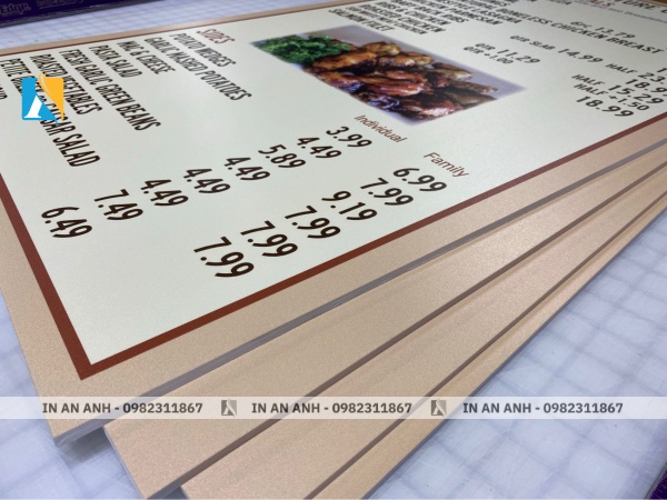 Menu giấy, nhựa, bồi cứng phổ thông, in nhanh, dễ thay đổi