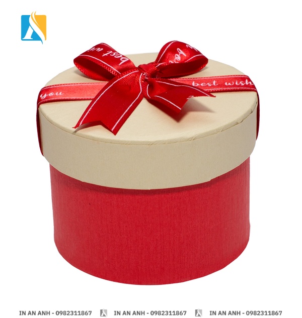 Hộp đựng quà tặng tròn màu đỏ kem kết hợp với nơ đỏ xinh xắn