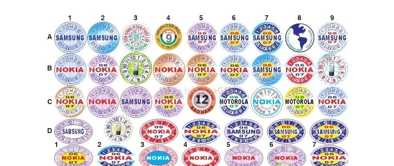 Bộ sưu tập tem bảo hành hình tròn cho điện thoại Samsung, Nokia, Motorola qua các năm