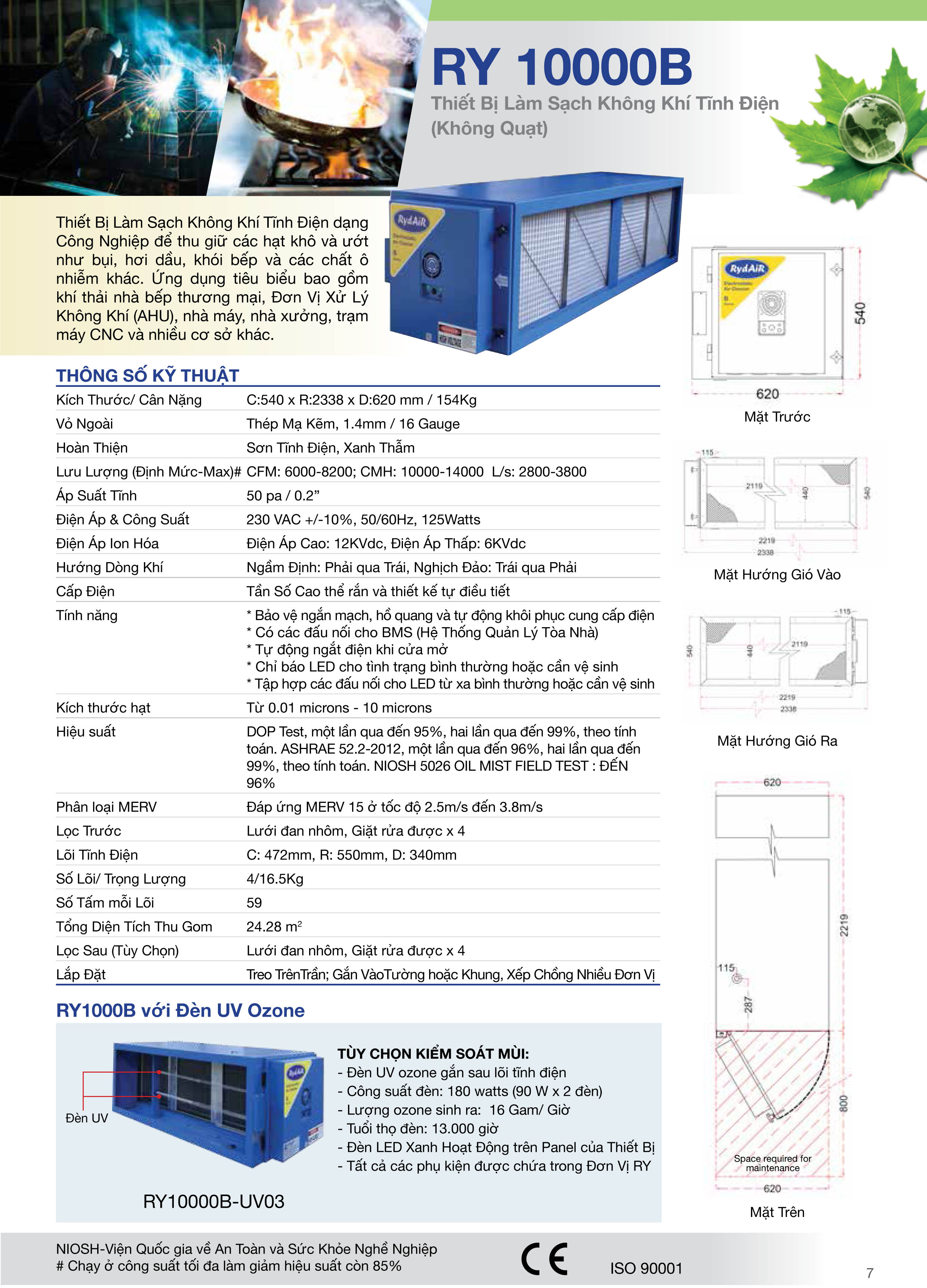 THÔNG SỐ KĨ THUẬT THIẾT BỊ LÀM SẠCH KHÔNG KHÍ TĨNH ĐIỆN RY 10000B