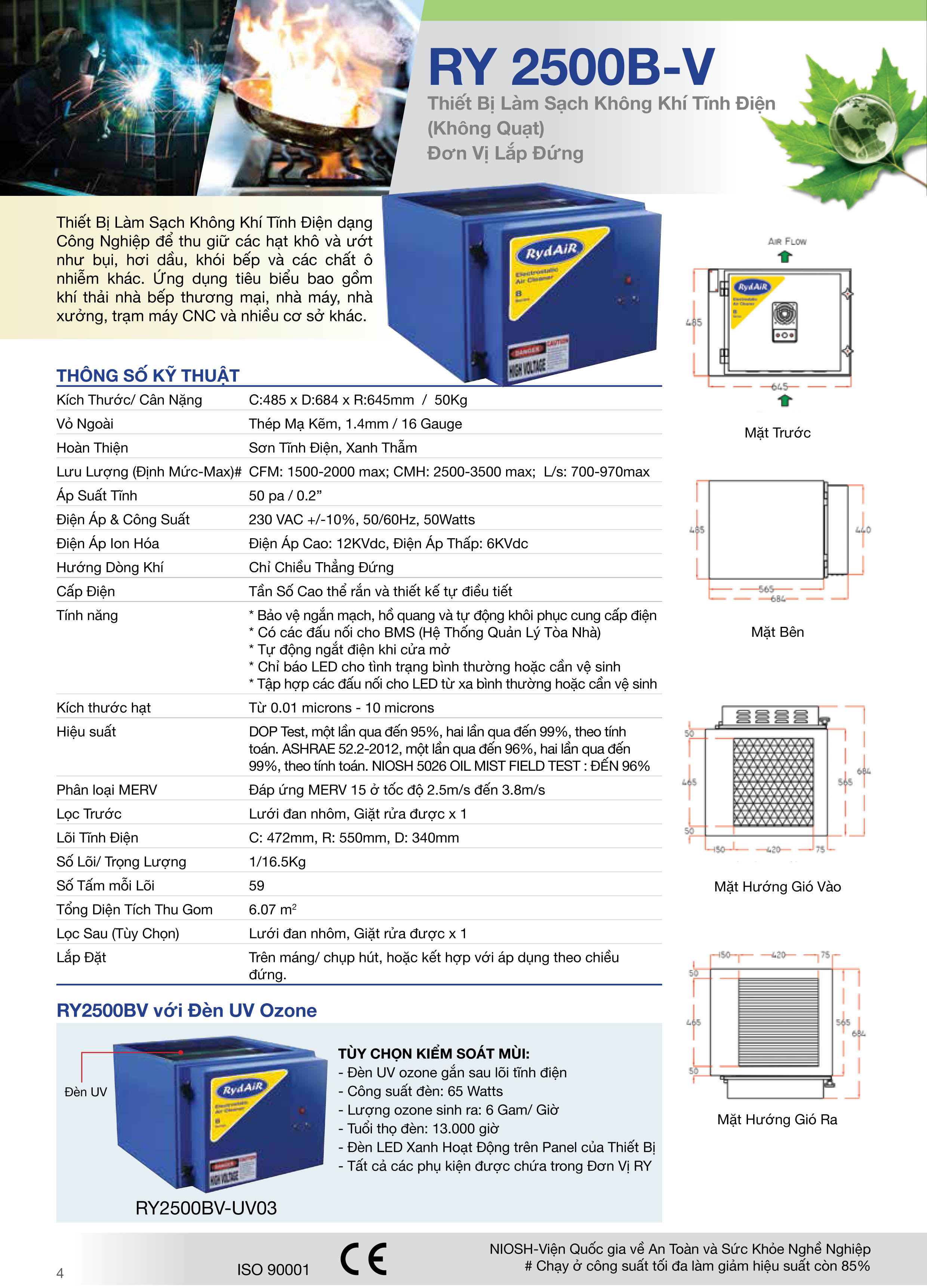 THÔNG SỐ KĨ THUẬT THIẾT BỊ LÀM SẠCH KHÔNG KHÍ TĨNH ĐIỆN RY 2500B-V