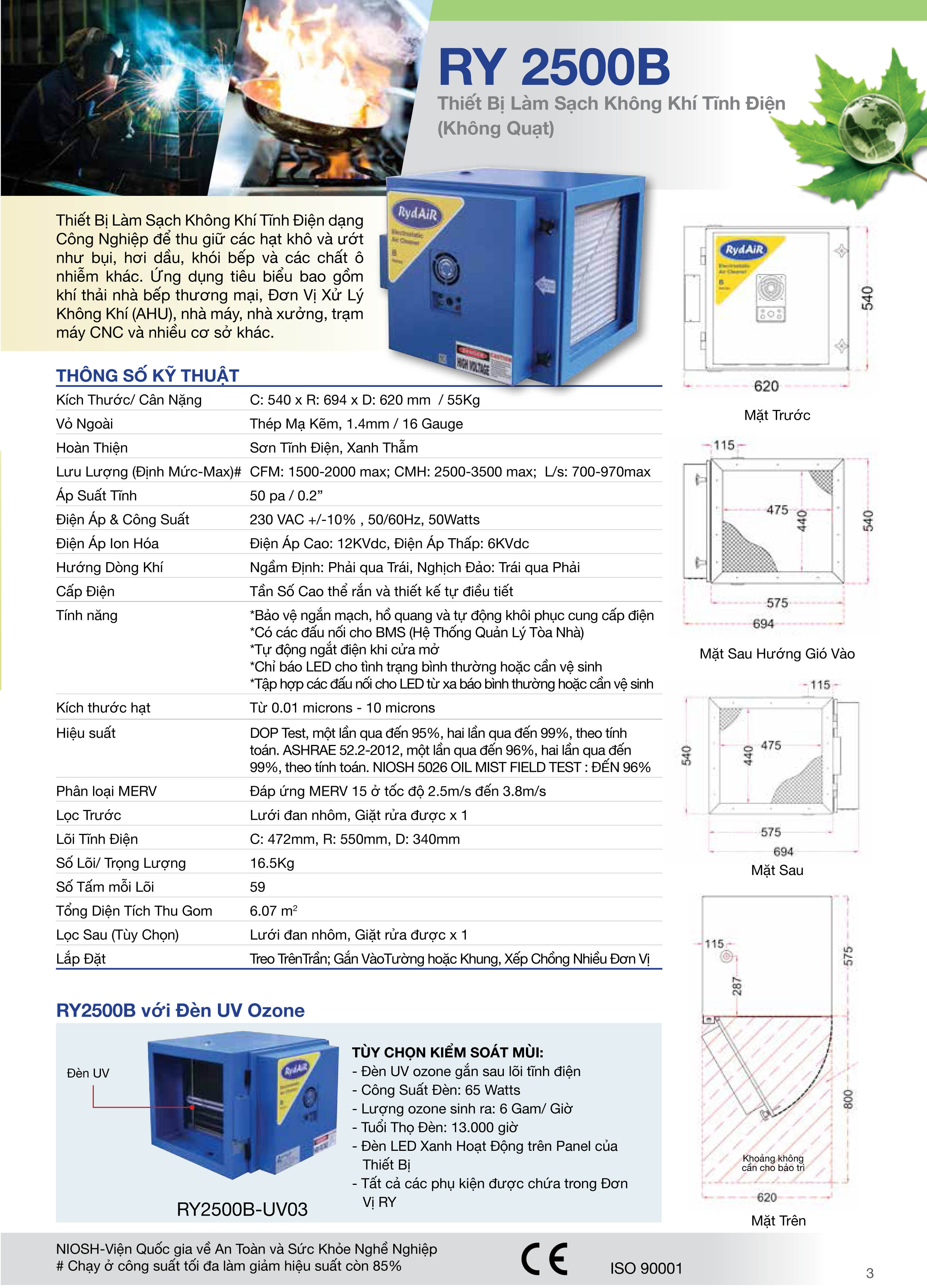 THÔNG SỐ KĨ THUẬT THIẾT BỊ LÀM SẠCH KHÔNG KHÍ TĨNH ĐIỆN RY 2500B