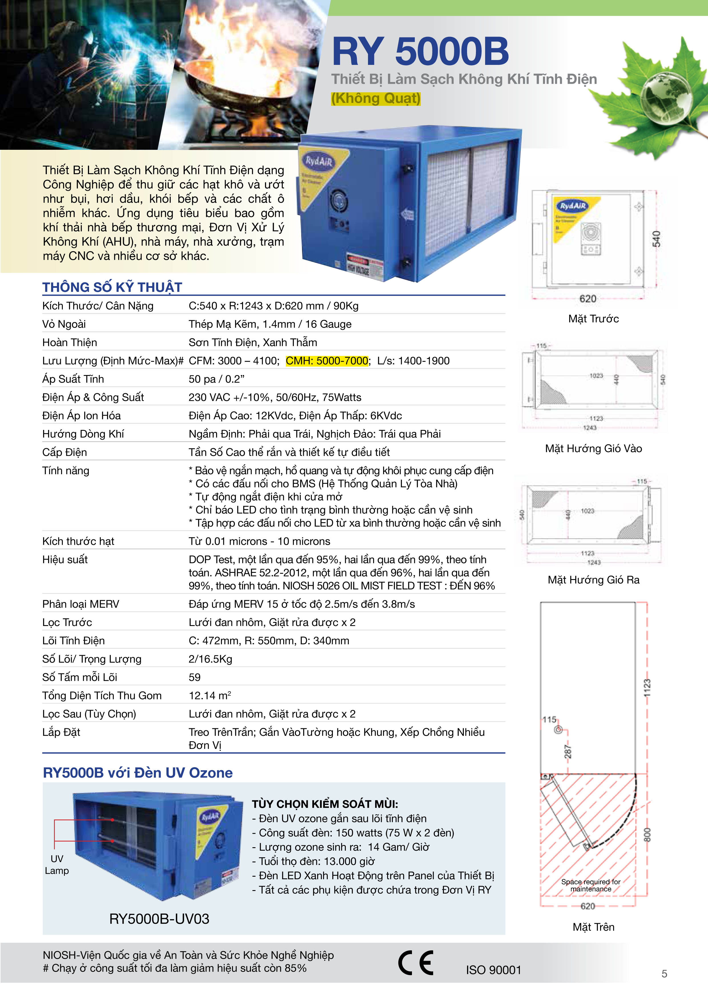 THÔNG SỐ KĨ THUẬT THIẾT BỊ LÀM SẠCH KHÔNG KHÍ TĨNH ĐIỆN RY 5000B