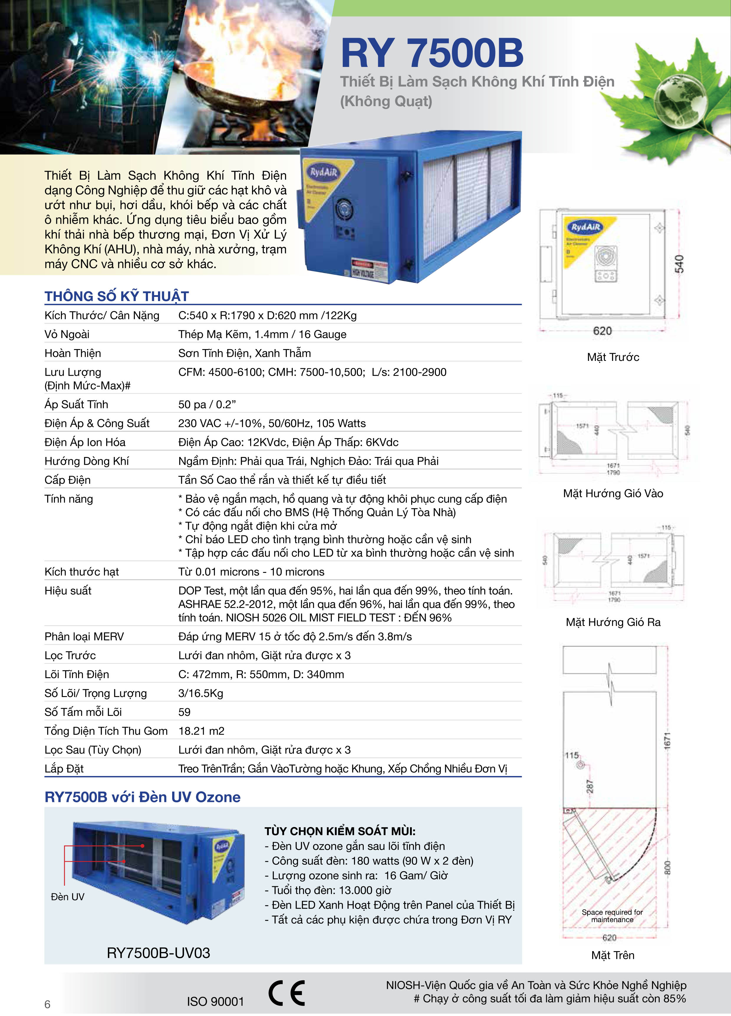 THÔNG SỐ KĨ THUẬT THIẾT BỊ LÀM SẠCH KHÔNG KHÍ TĨNH ĐIỆN RY 7500B