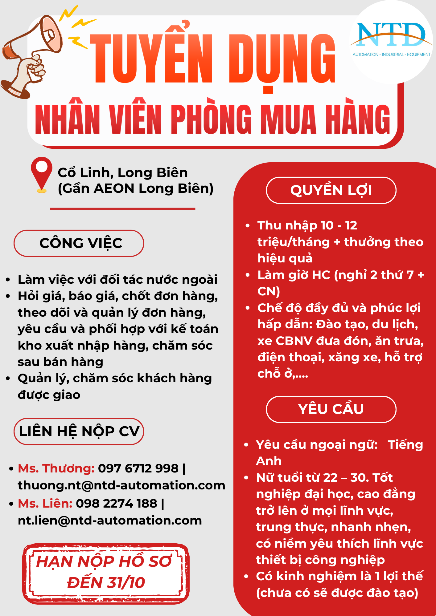 NTD AUTOMATION tuyển dụng nhân viên phòng mua hàng