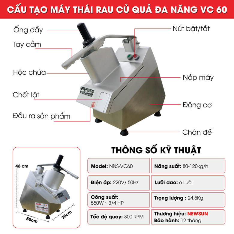 Tìm hiểu về thiết kế cấu tạo của máy thái rau củ quả VC60