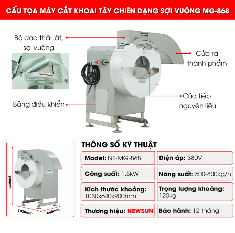 Ưu điểm vượt trội của máy cắt khoai tây chiên dạng sợi vuông MG-868