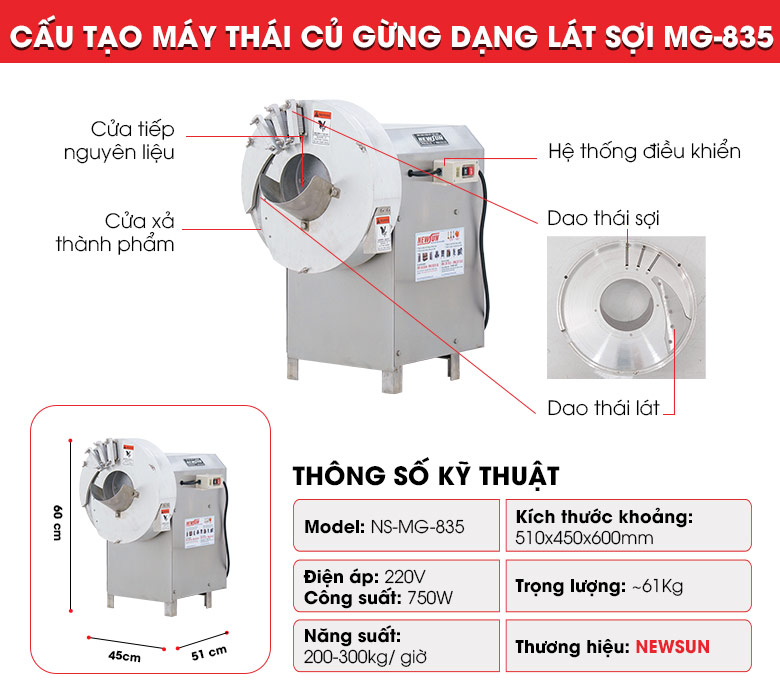 Ưu điểm vượt trội của máy thái củ gừng dạng lát sợi MG-835