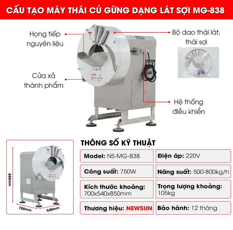 Ưu điểm vượt trội của máy thái lát sợi củ gừng MG-838 cao cấp
