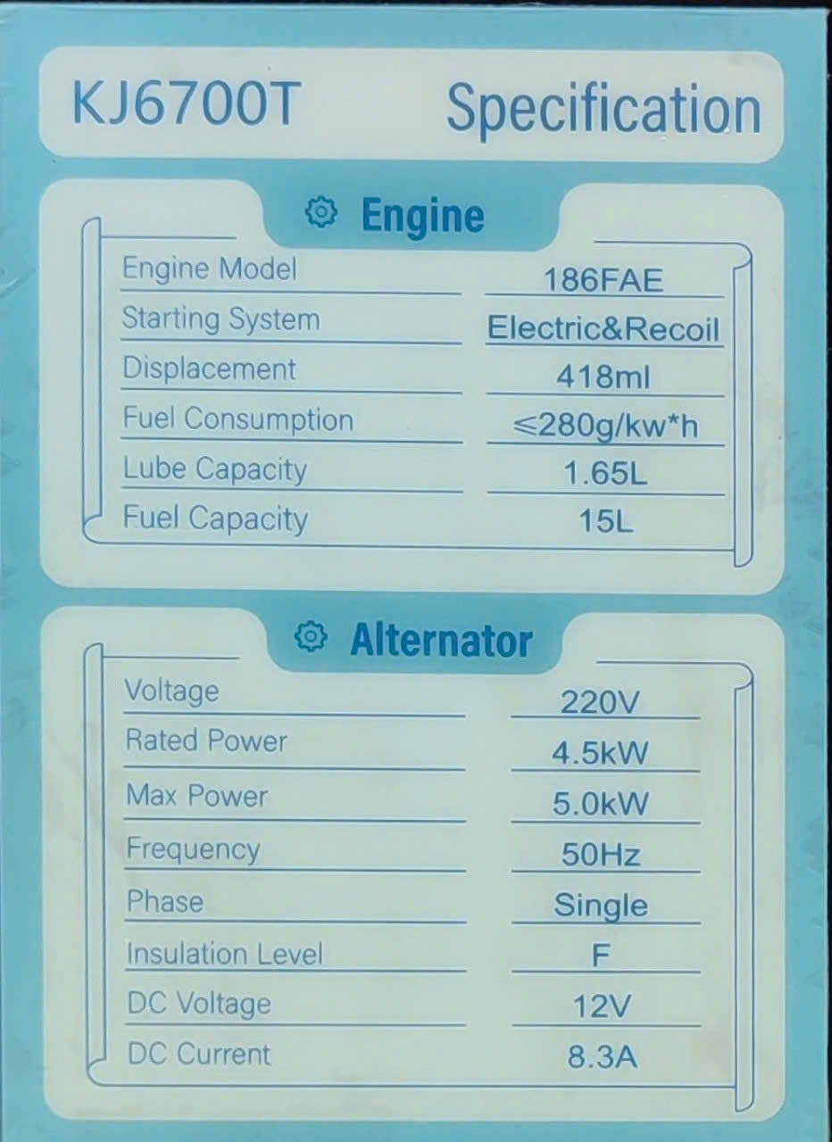 Máy phát điện chạy dầu 5kw Kujoyo KJ6700T