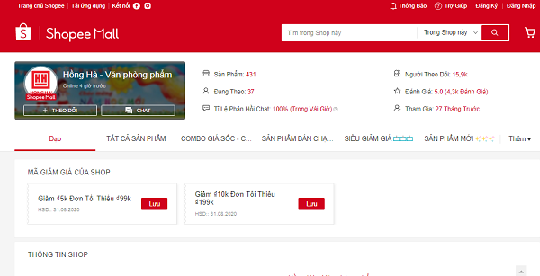 địa điểm bán vở Hồng Hà trên kênh online shoppee