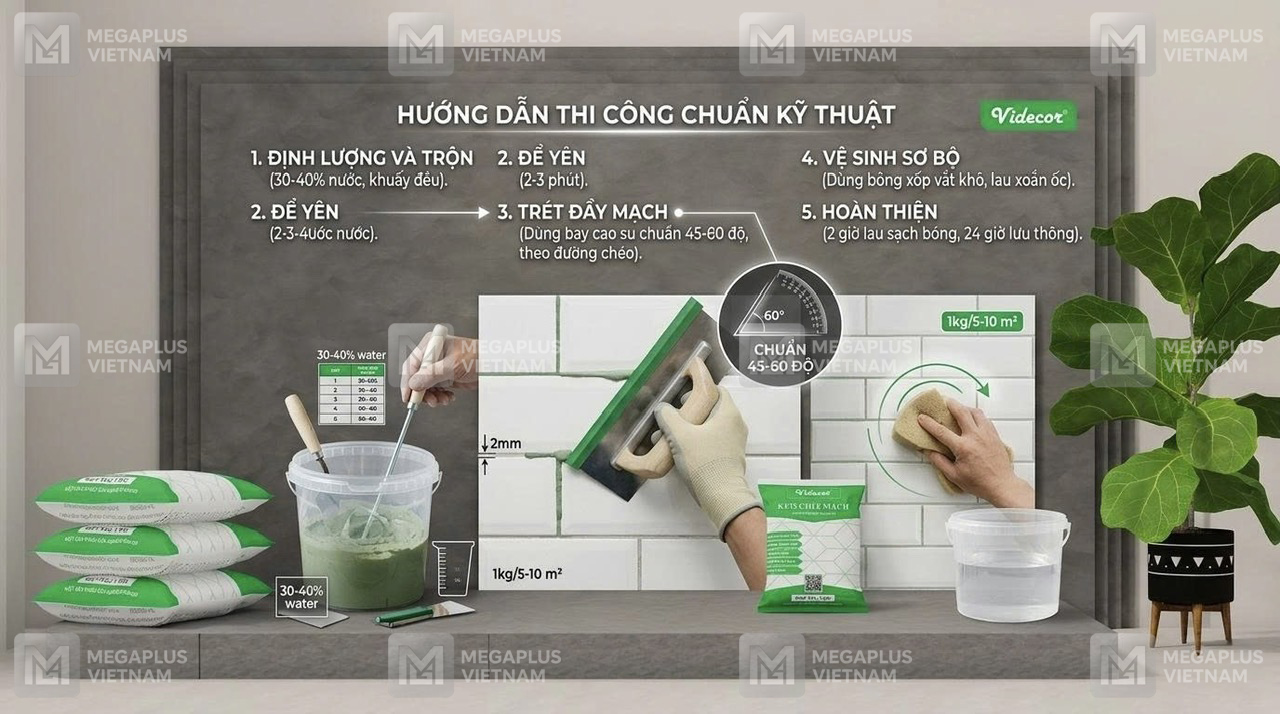 Cách sử dụng bay cao su trét keo chít mạch Videcor chuẩn 45 độ.