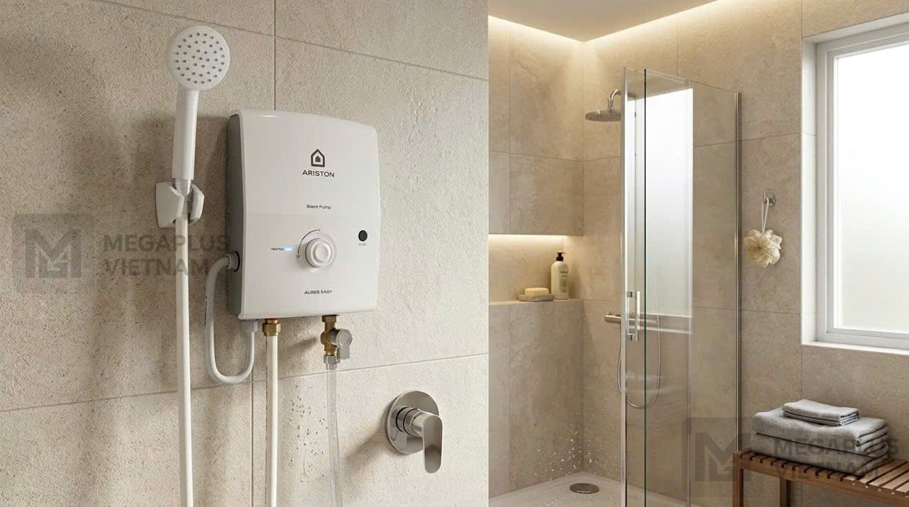 Lắp đặt thực tế Ariston Aures Easy Hình ảnh thực tế lắp đặt bình nước nóng trực tiếp Ariston Aures Easy cho căn hộ chung cư