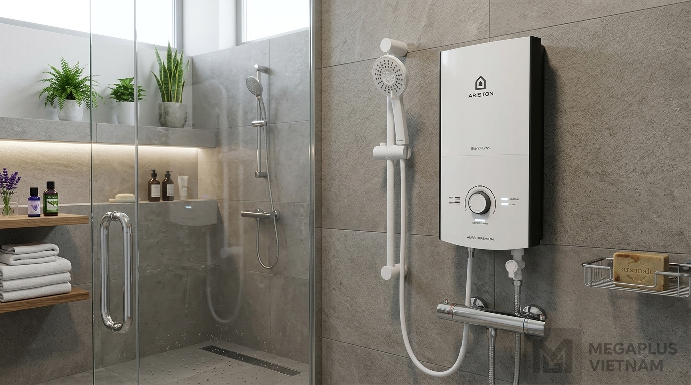 Lắp đặt thực tế Ariston Aures Premium bởi MegaPlus Việt Nam Thực tế lắp đặt máy nước nóng trực tiếp Ariston Aures Premium tại chung cư