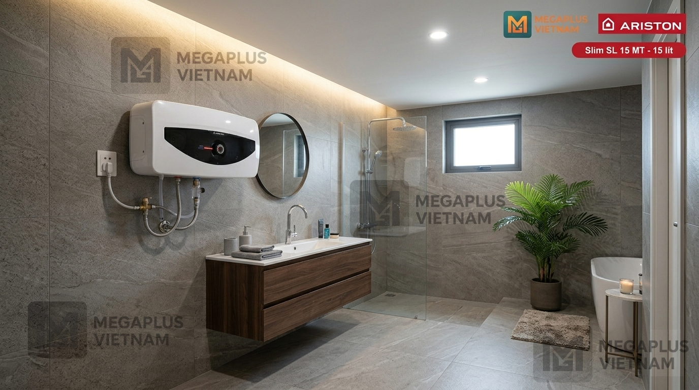 Lắp đặt thực tế Ariston Slim SL 15 MT Hình ảnh lắp đặt thực tế bình nóng lạnh Ariston Slim SL 15 MT tại chung cư
