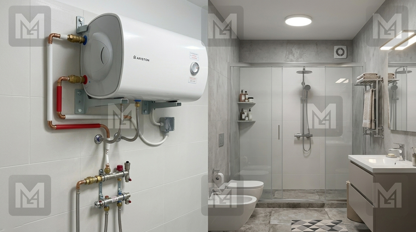 Lắp đặt thực tế bình nước nóng Ariston PRO R S nằm ngang trong phòng tắm biệt thự