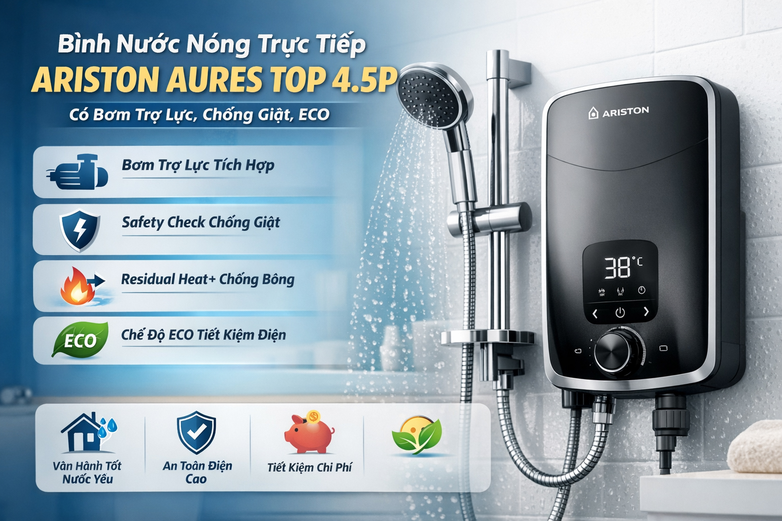 Tại Sao Ariston Aures Top 4.5P Được Nhiều Gia Đình Ưu Tiên Trong Nhóm Máy Nước Nóng Trực Tiếp Cao Cấp?