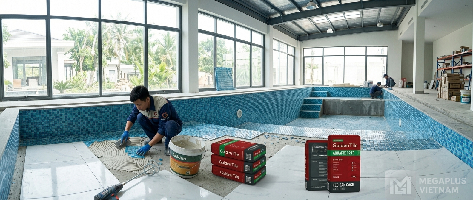 Thi công dán gạch bể bơi bằng keo GoldenTile Aquafix C2TE
