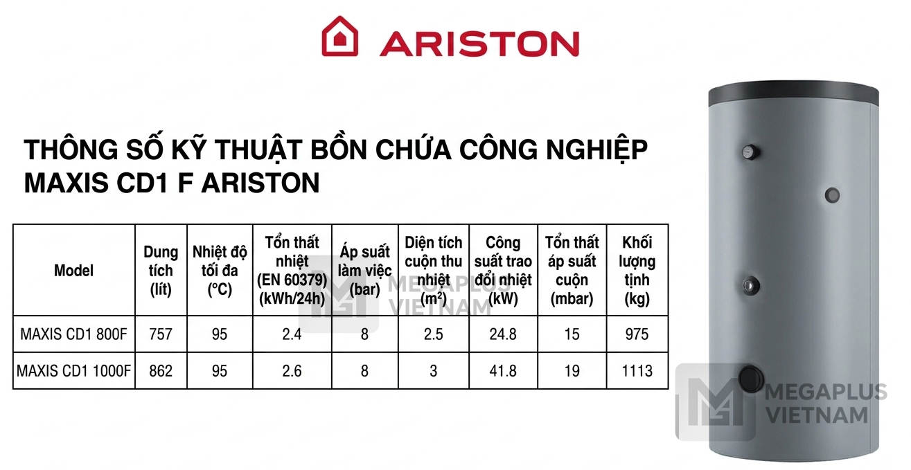 Thông số kỹ thuật MAXIS CD1 F Sơ đồ lắp đặt và thông số bồn bảo ôn Ariston công nghiệp