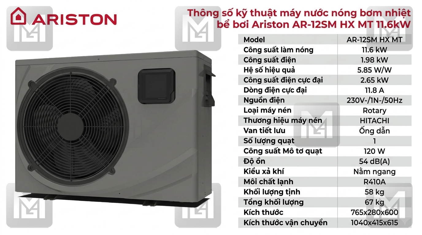 Bảng thông số kỹ thuật máy bơm nhiệt bể bơi Ariston AR-12SM HX MT 11.6kW
