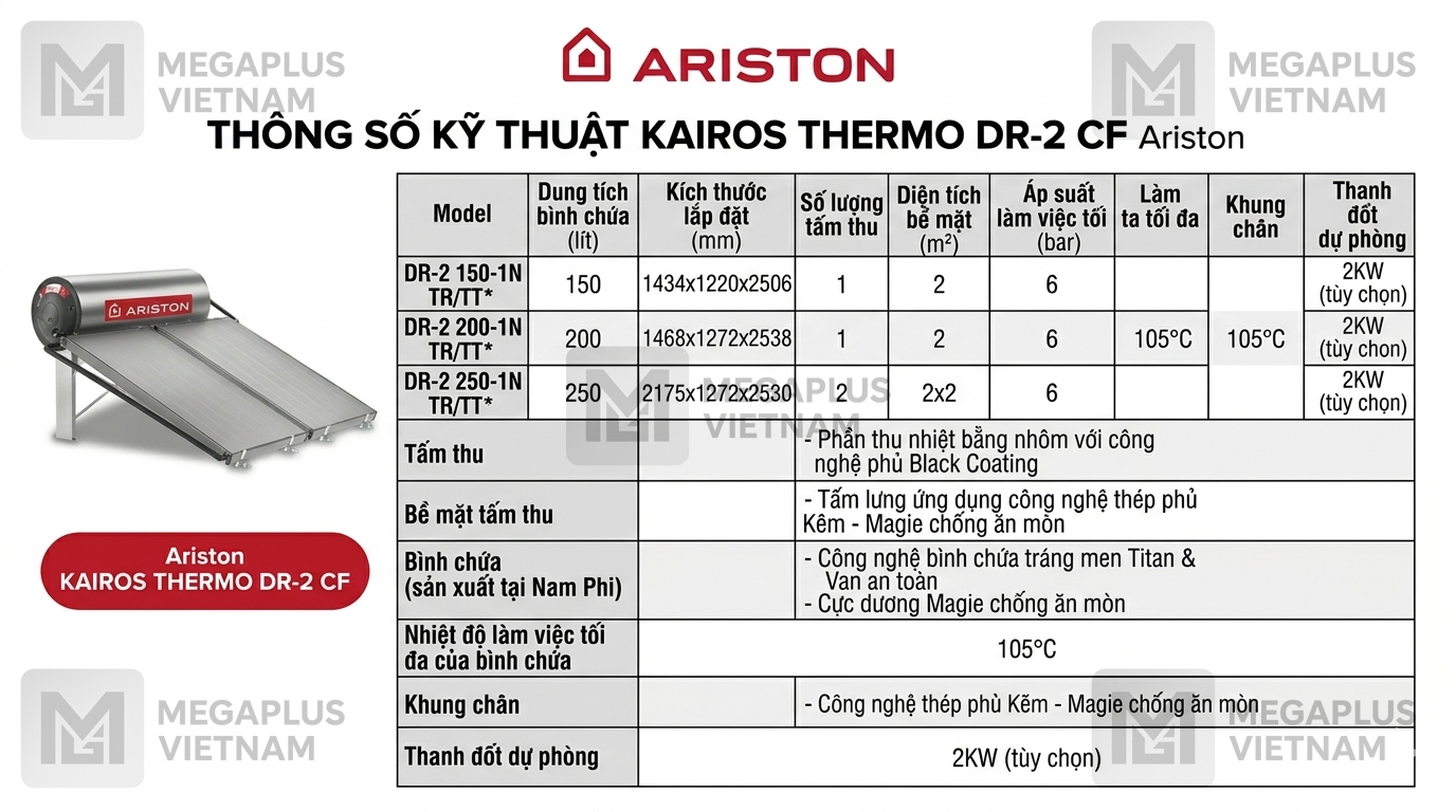Thông số kỹ thuật Ariston KAIROS Thông số kỹ thuật chi tiết Máy Nước Nóng Năng Lượng Mặt Trời Ariston KAIROS THERMO DR-2 CF