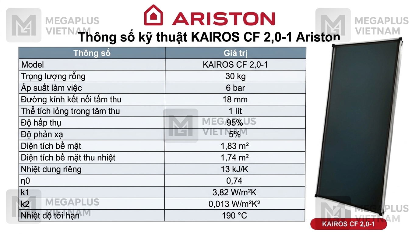 Thông số kỹ thuật KAIROS CF 2,0-1 Bảng thông số kỹ thuật chi tiết tấm thu năng lượng mặt trời Ariston KAIROS CF 2,0-1