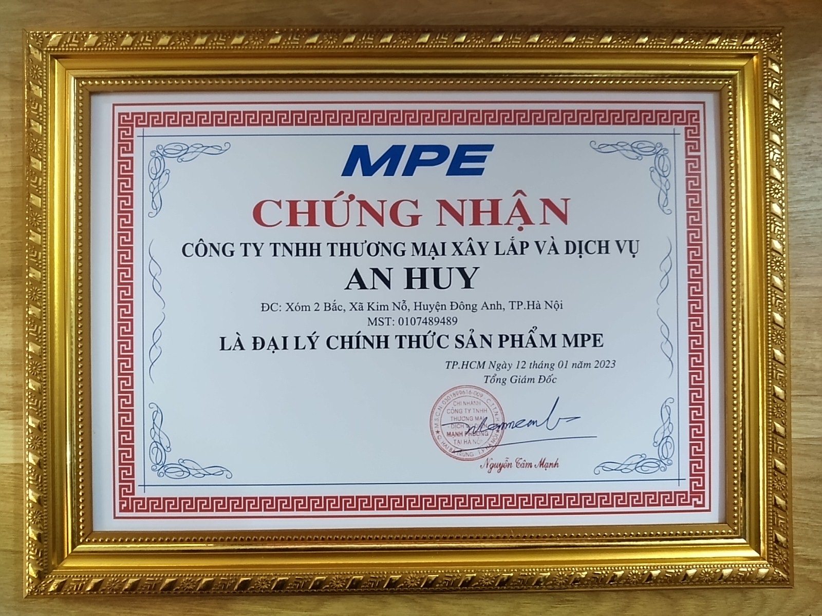 Chứng nhận An Huy là đại lý của thiết bị điện MPE