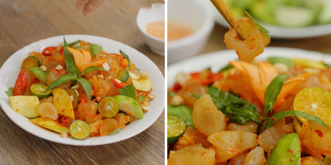 Món gân bò trộn cóc non sốt muối tắc giòn ngon chua ngọt