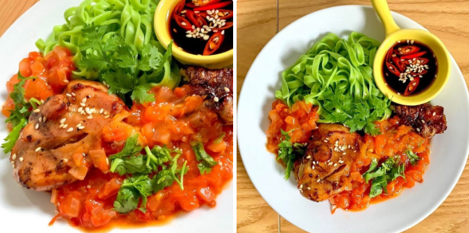 Món mì gà nướng sốt cà chua bắt mắt vị chua ngọt