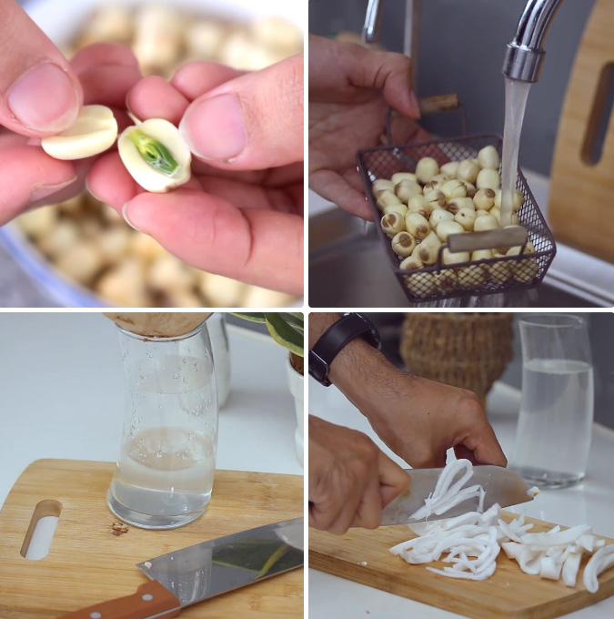 Sơ chế sen và dừa