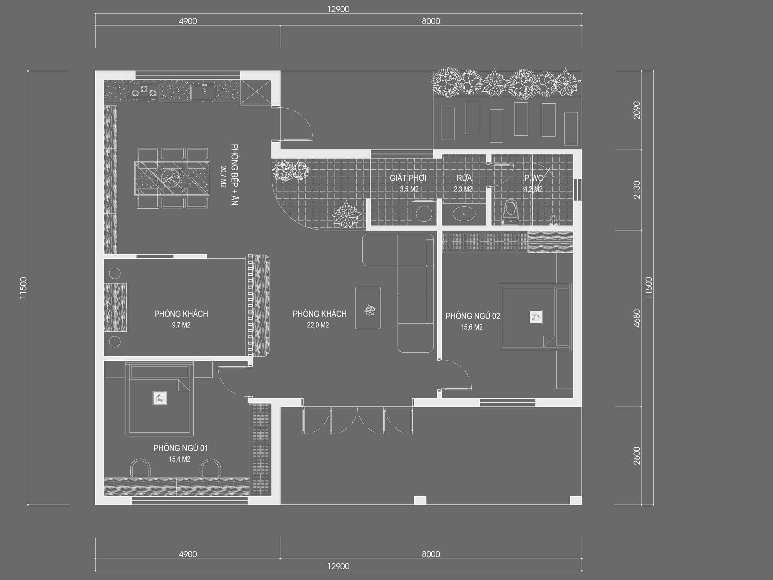 mặt bằng nhà cấp 4 120m2