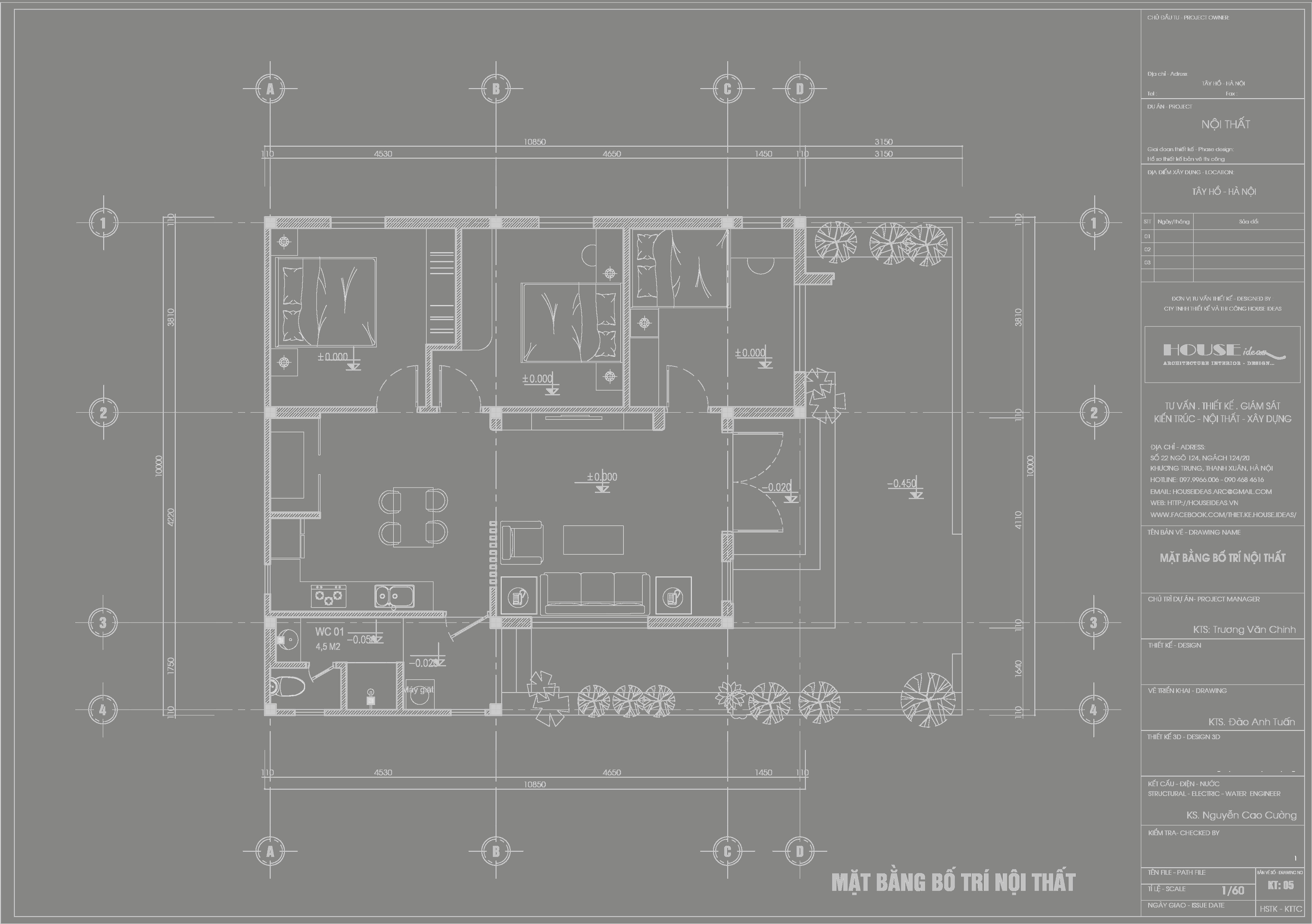 Mặt bằng nhà 10x12m có 3 phòng ngủ và phòng thờ