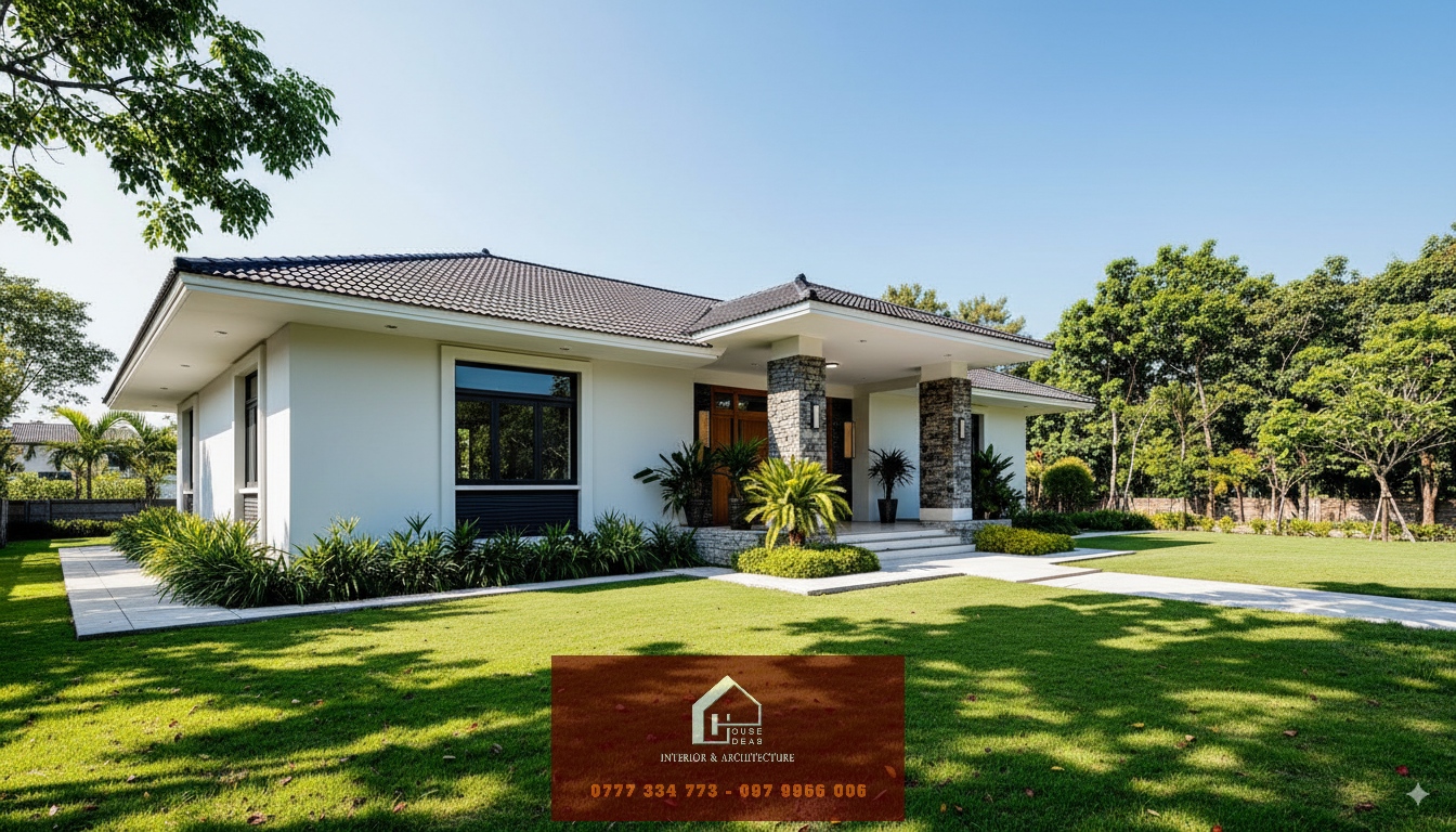 Phối cảnh góc nghiêng bên phải của nhà cấp 4 hiện đại 4 phòng ngủ, mái ngói xám và tường trắng