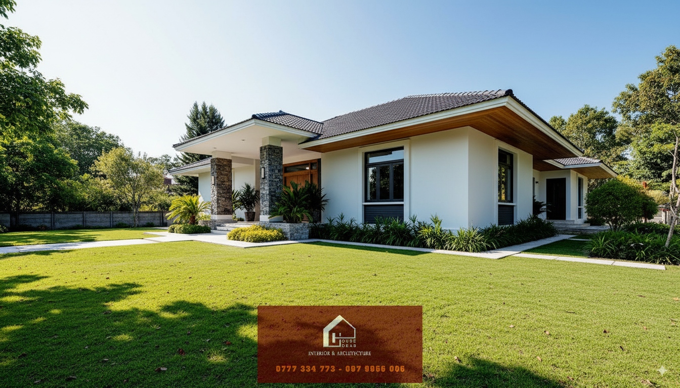 Góc nhìn bên trái của biệt thự nhà vườn cấp 4 12x14m với hai cột trụ ốp đá tự nhiên