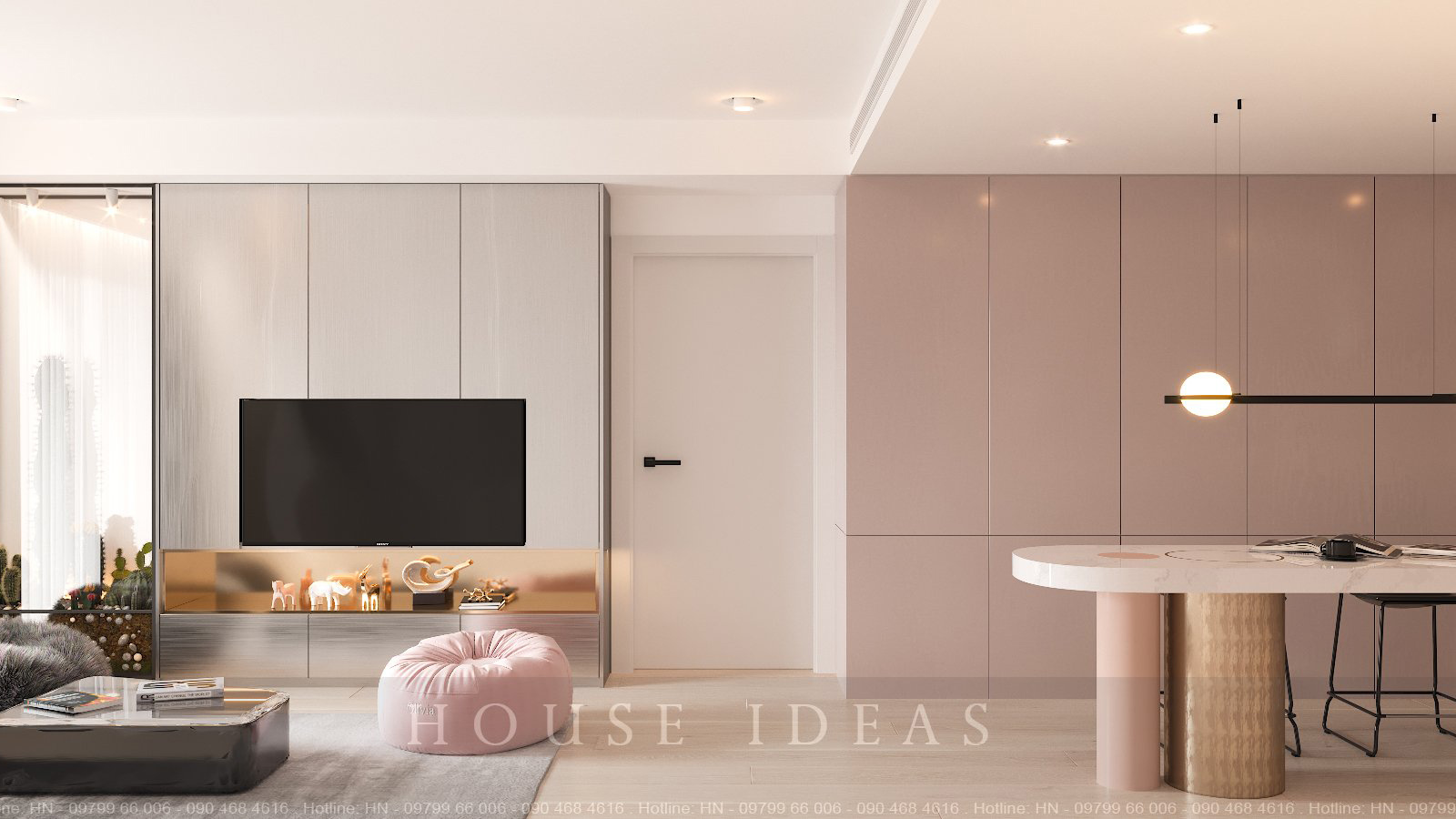 Thiết kế nội thất phòng khách căn hộ Lancaster Núi Trúc tone màu rose gold sang chảnh