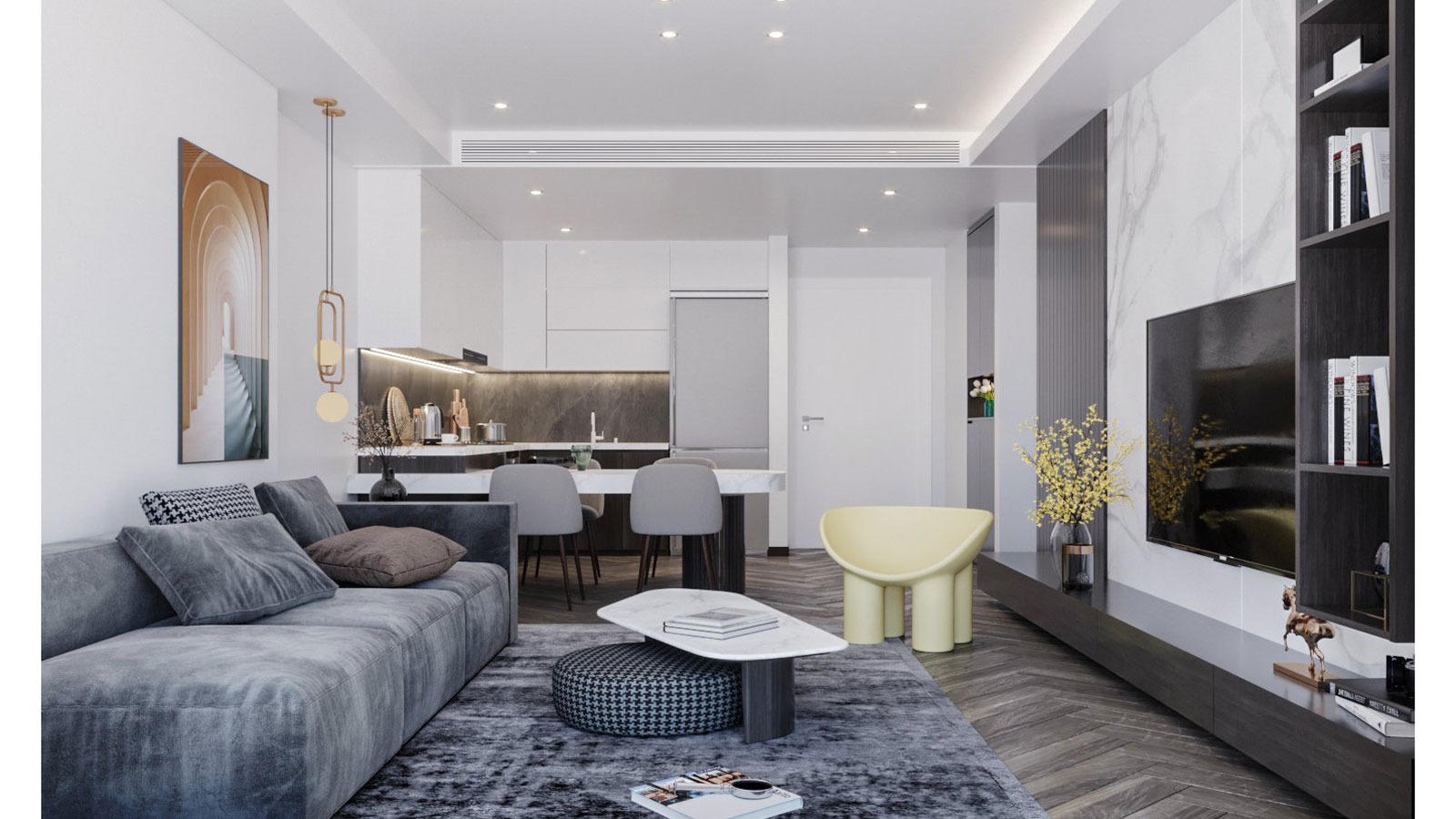 Thiết kế nội thất phòng khách bếp - chung cư The Terra Hà Đông