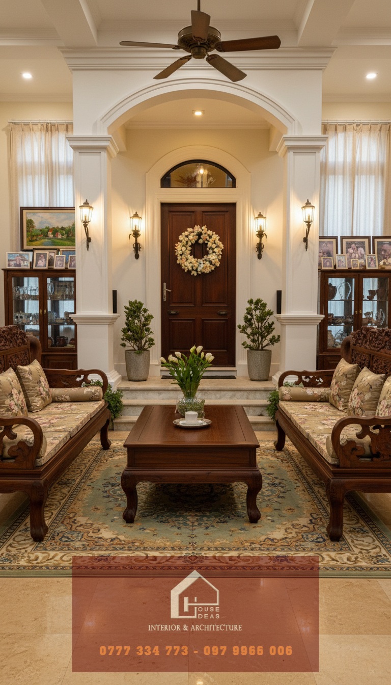 "Thiết kế thi công phòng khách nhà 2 tầng 8x17m tân cổ điển sang trọng"