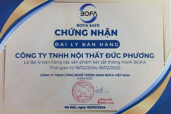 Giấy chứng nhận Công ty Đức Phương là đại lý két sắt Bofa chính hãng